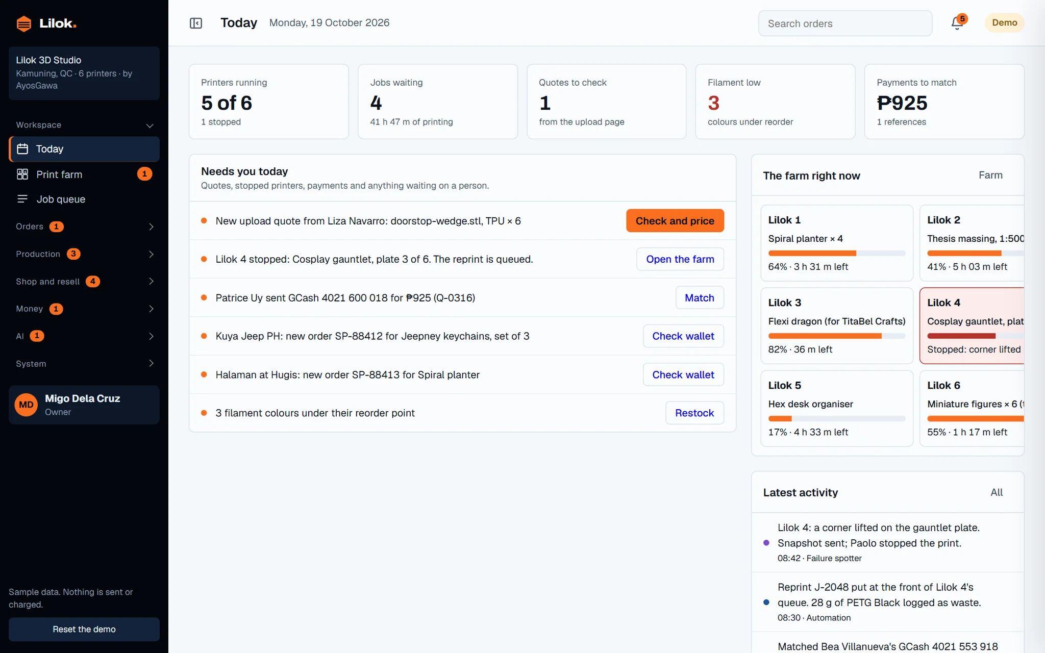 Lilok back office: the Today screen.