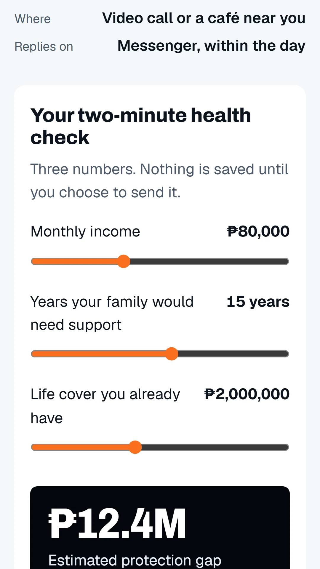 Story slide: the advisor's public client page with the health check.