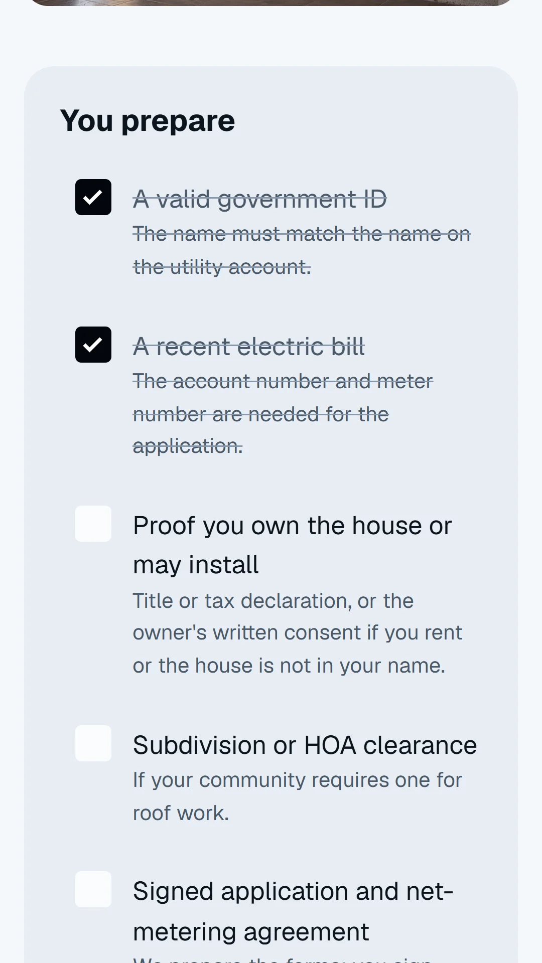 Story slide: the net-metering checklist for the homeowner and the installer.