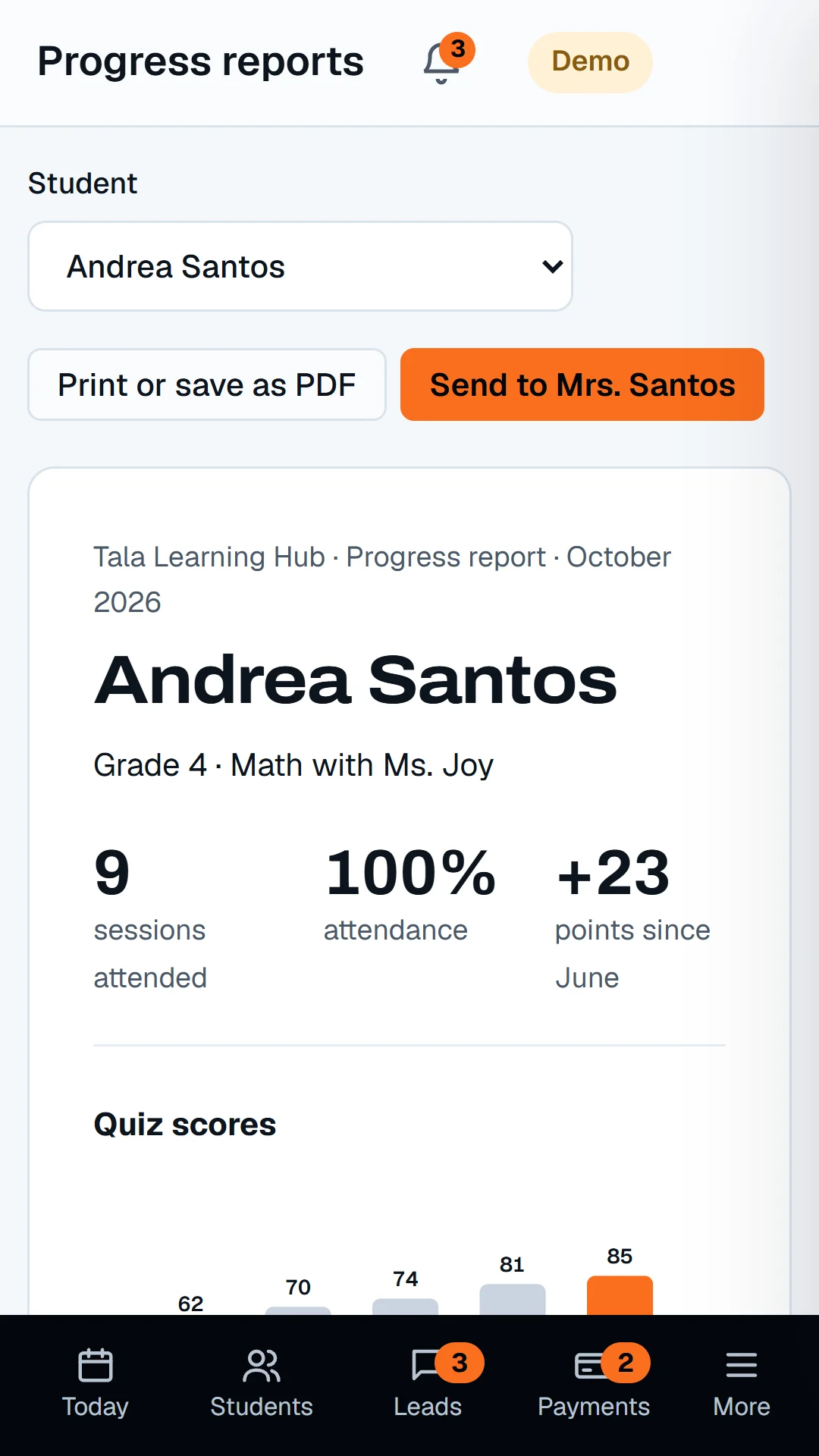 Progress reports screen