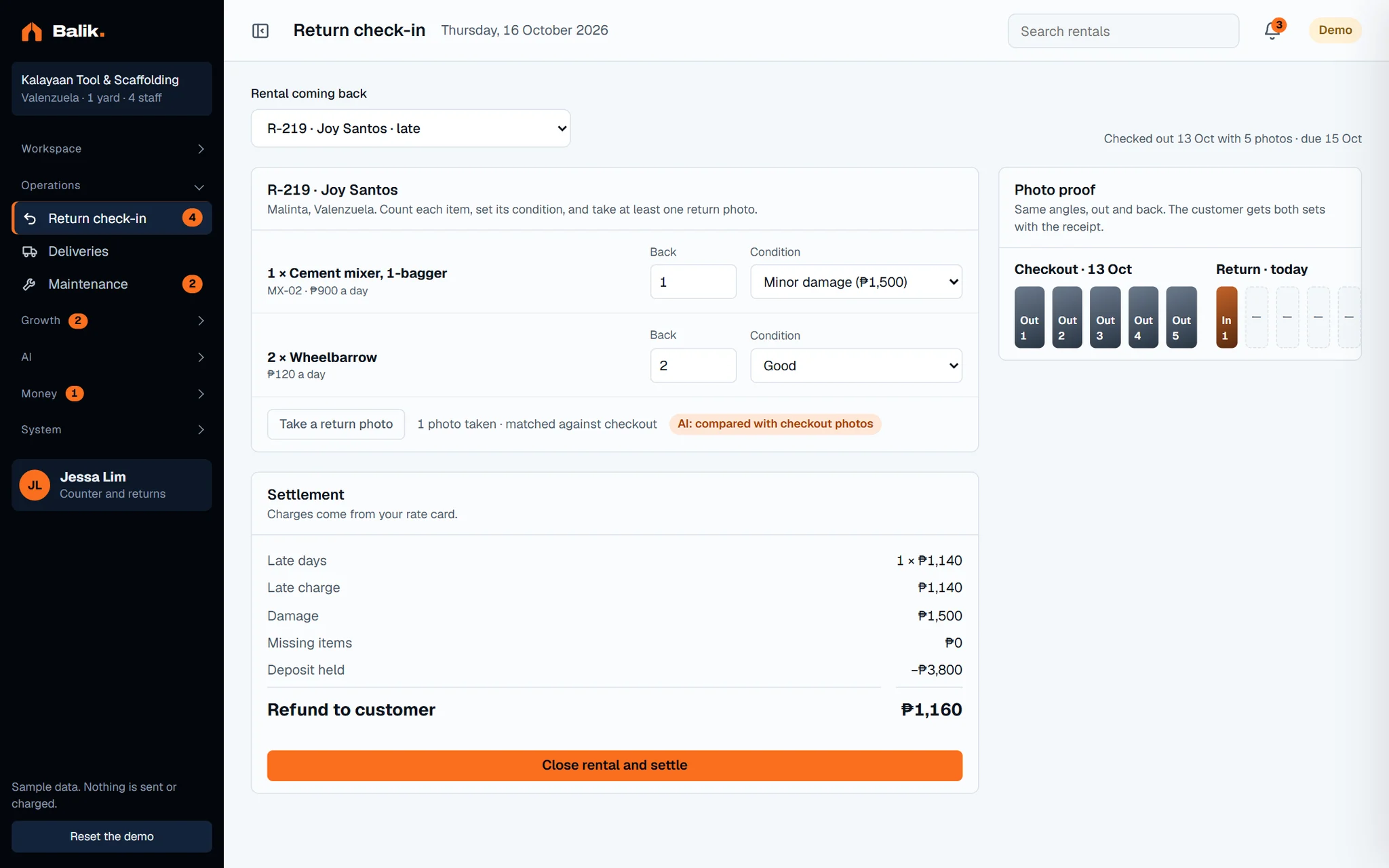 Return check-in screen of the dashboard