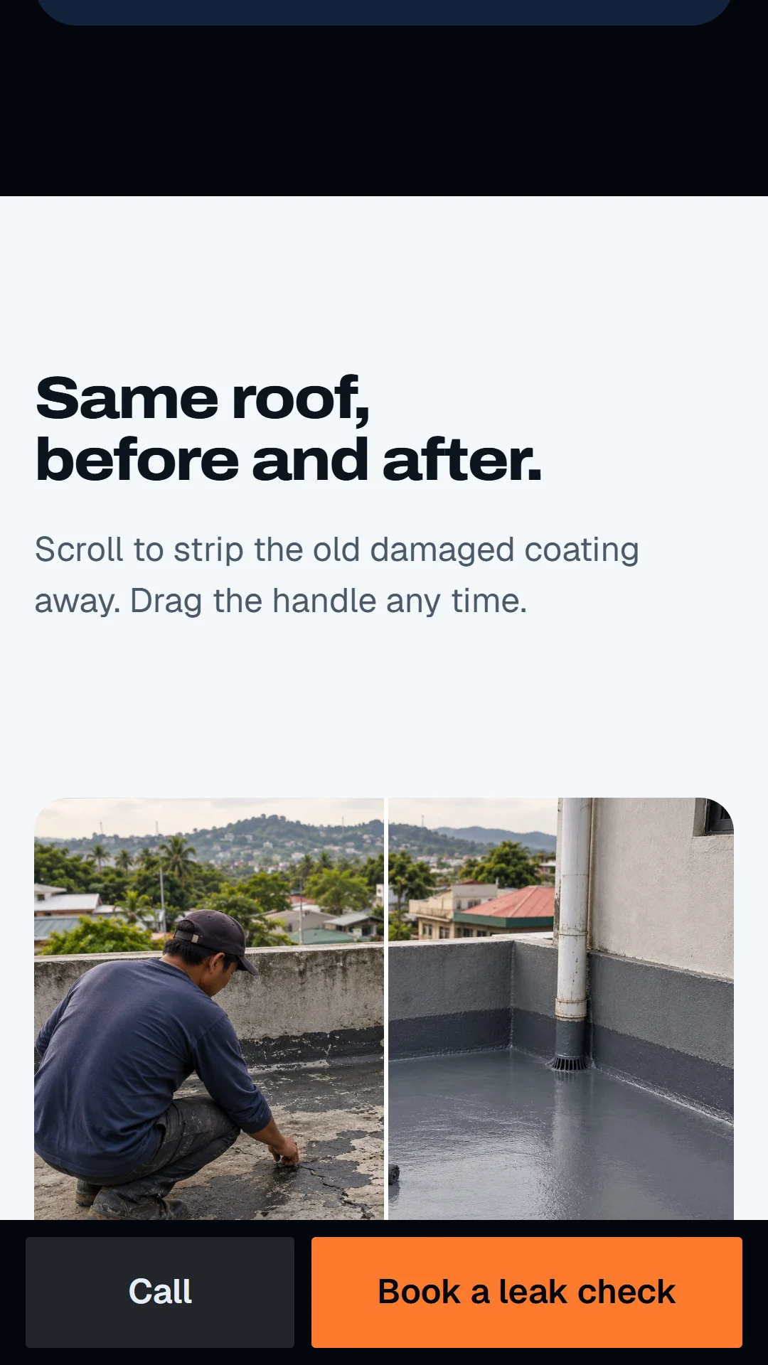 Story slide: the before/after wipe over a sealed roof deck.