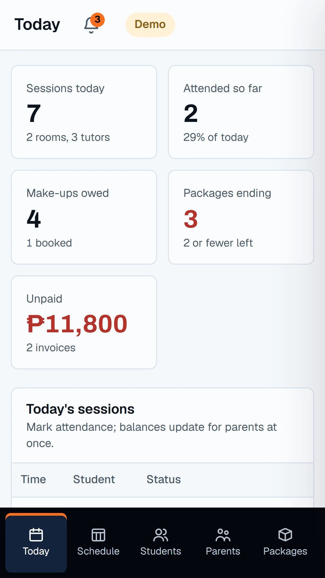 The demo dashboard's Today screen for attendance.
