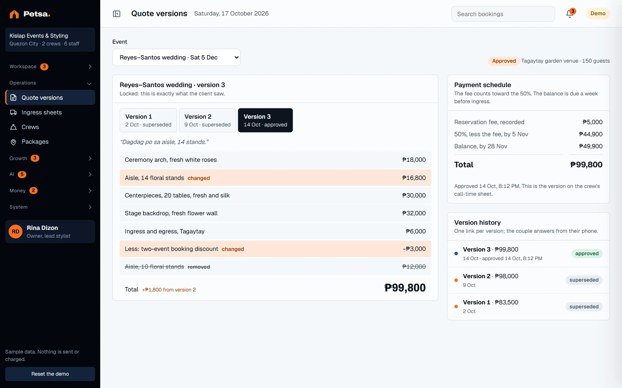 Quote versions screen of the dashboard