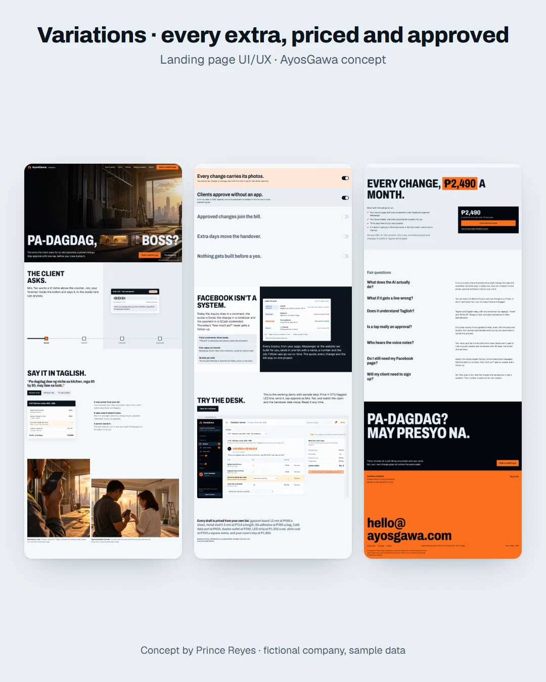 Variations home page as a Facebook post: the whole landing page in columns.