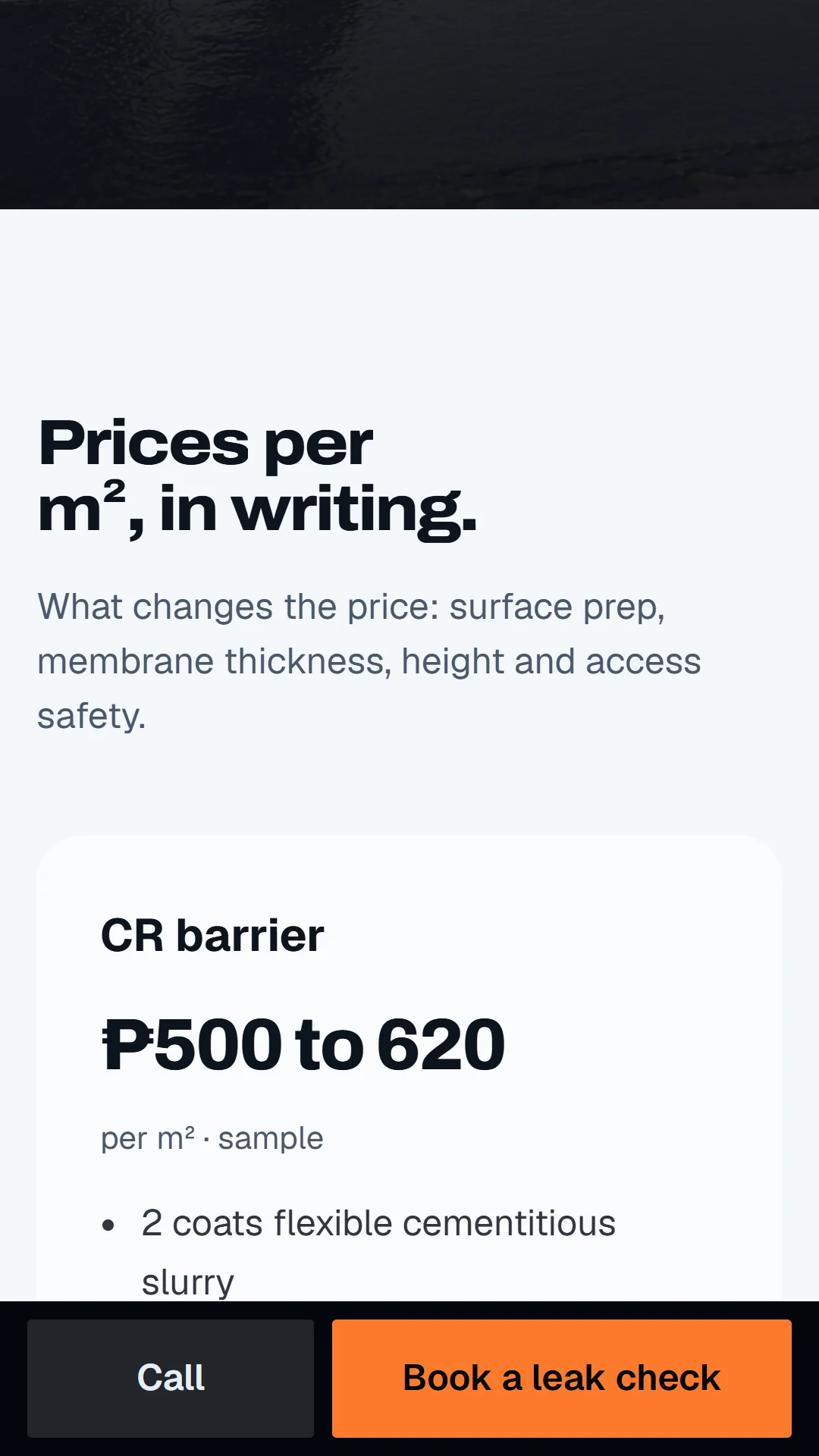 Story slide: sample prices per m² in writing, and what changes the price.