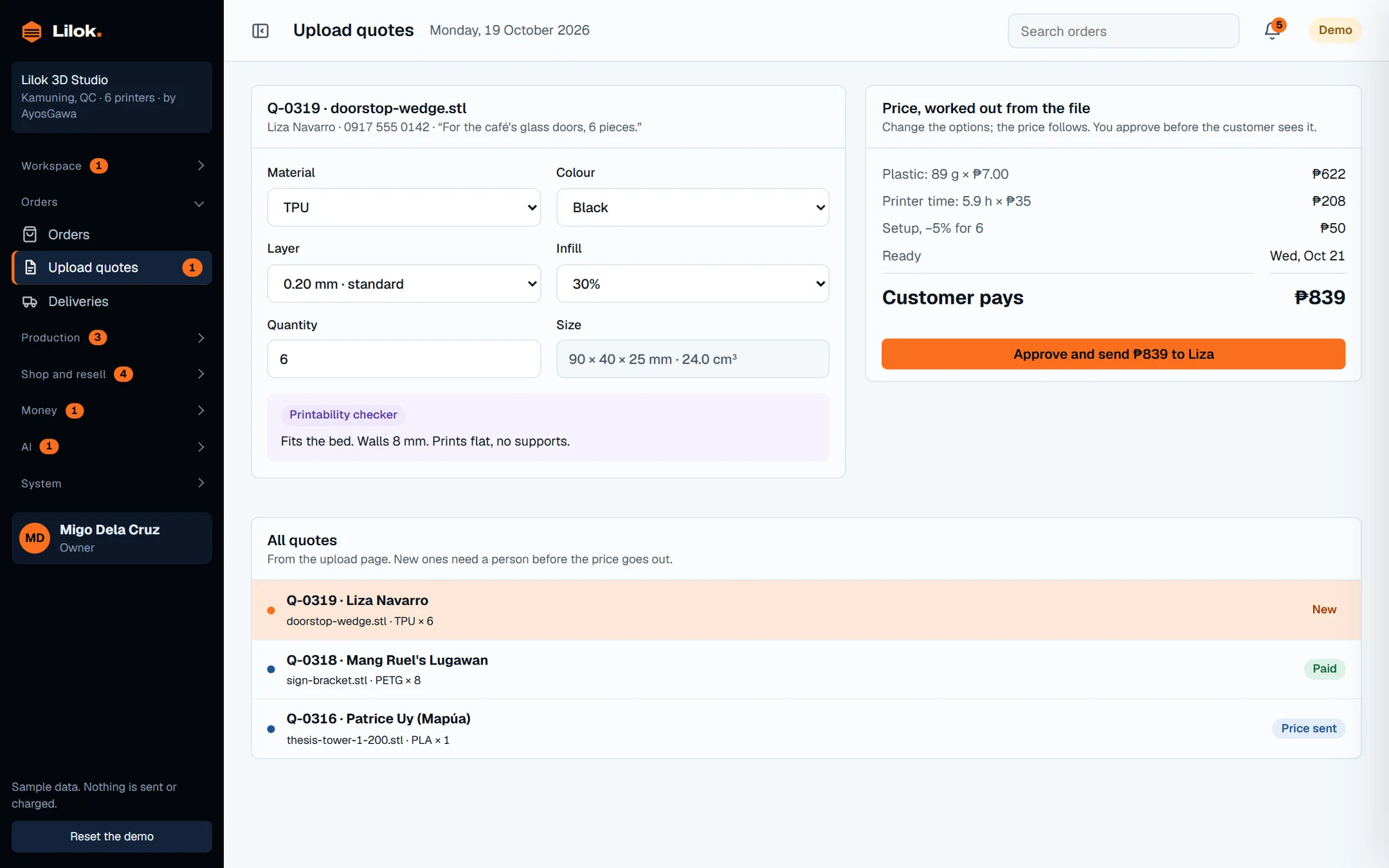 Lilok back office: upload quotes waiting to be checked and priced.