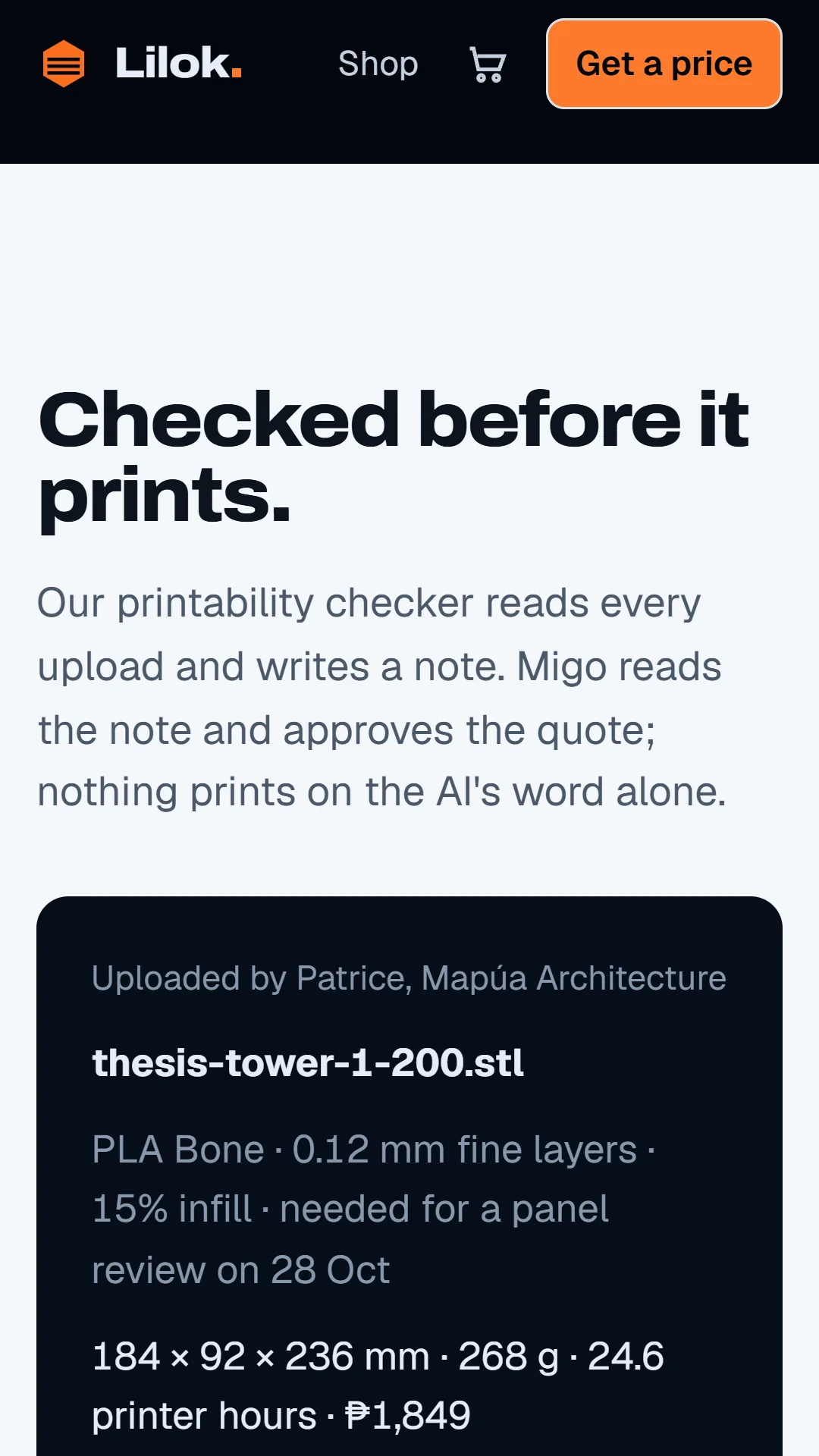 Story slide: the printability check on an uploaded model.