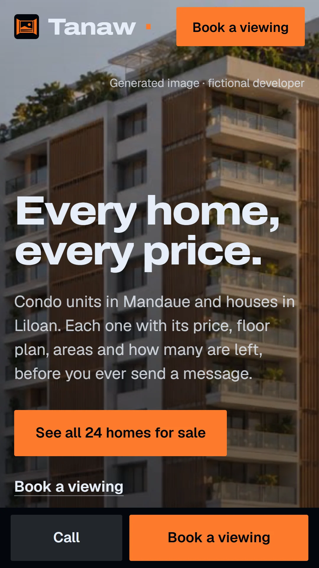 Story slide: the hero on a phone, "Every home, every price.", with See all 24 homes for sale.