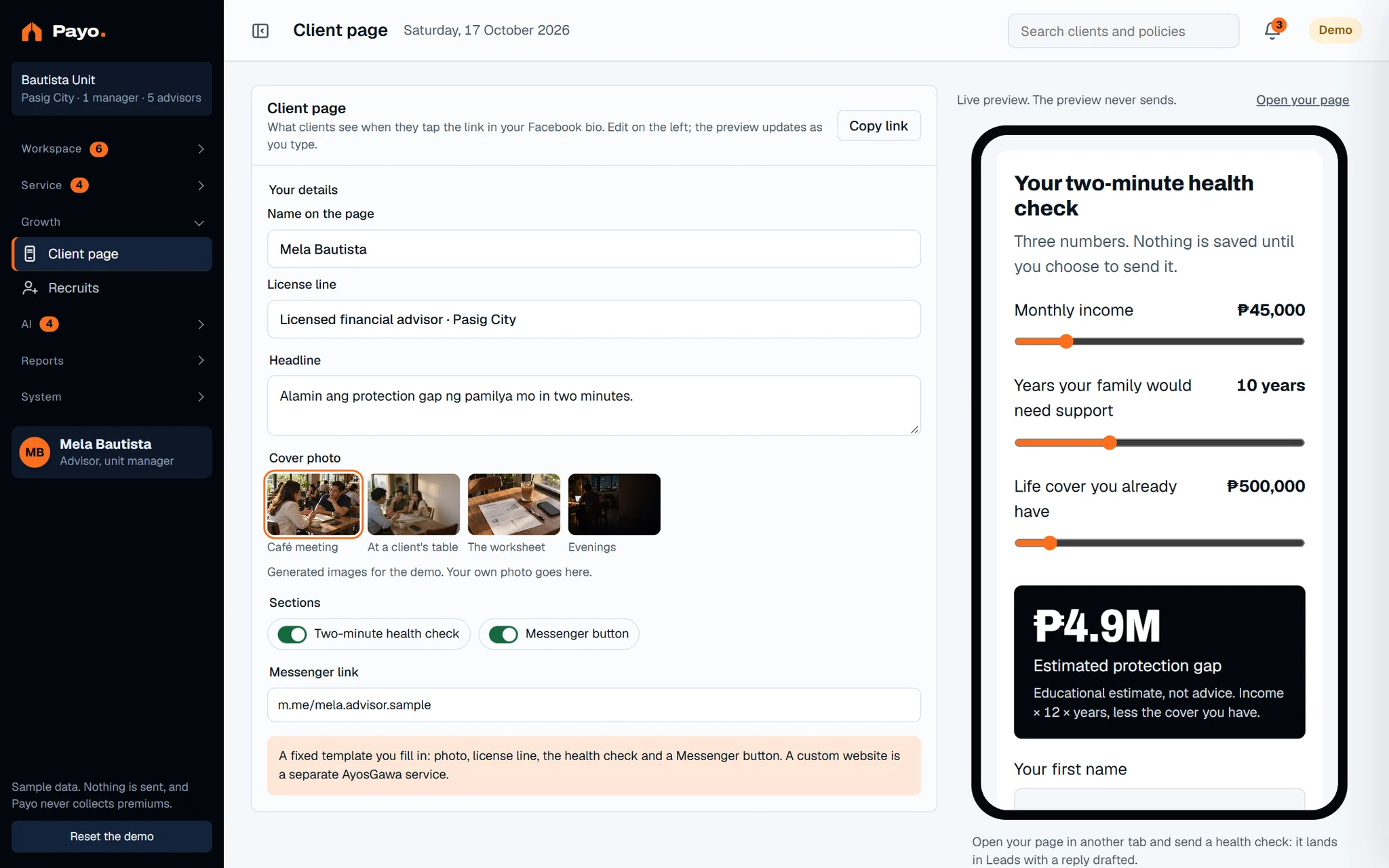 Client page builder with a live preview.