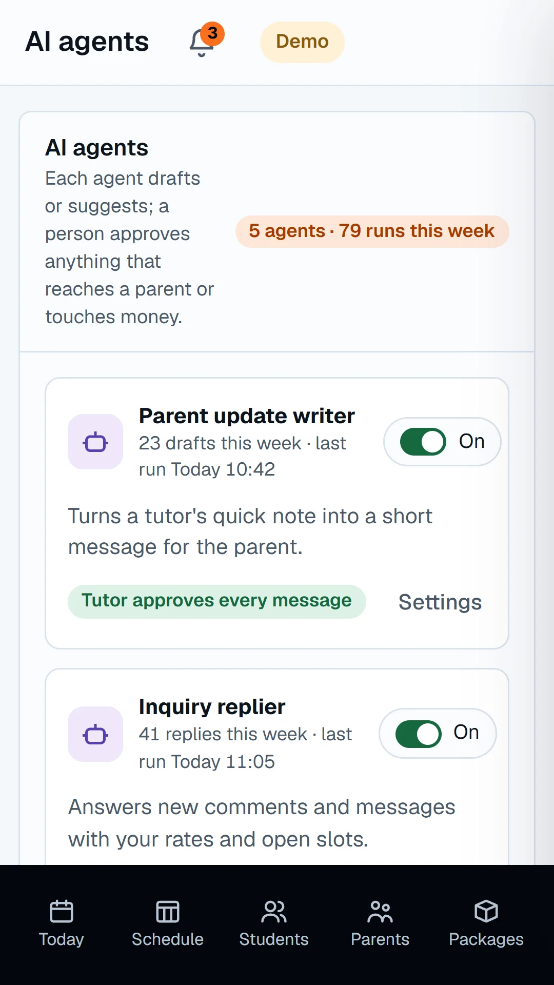 The AI agents screen, each with a human-approval guardrail.