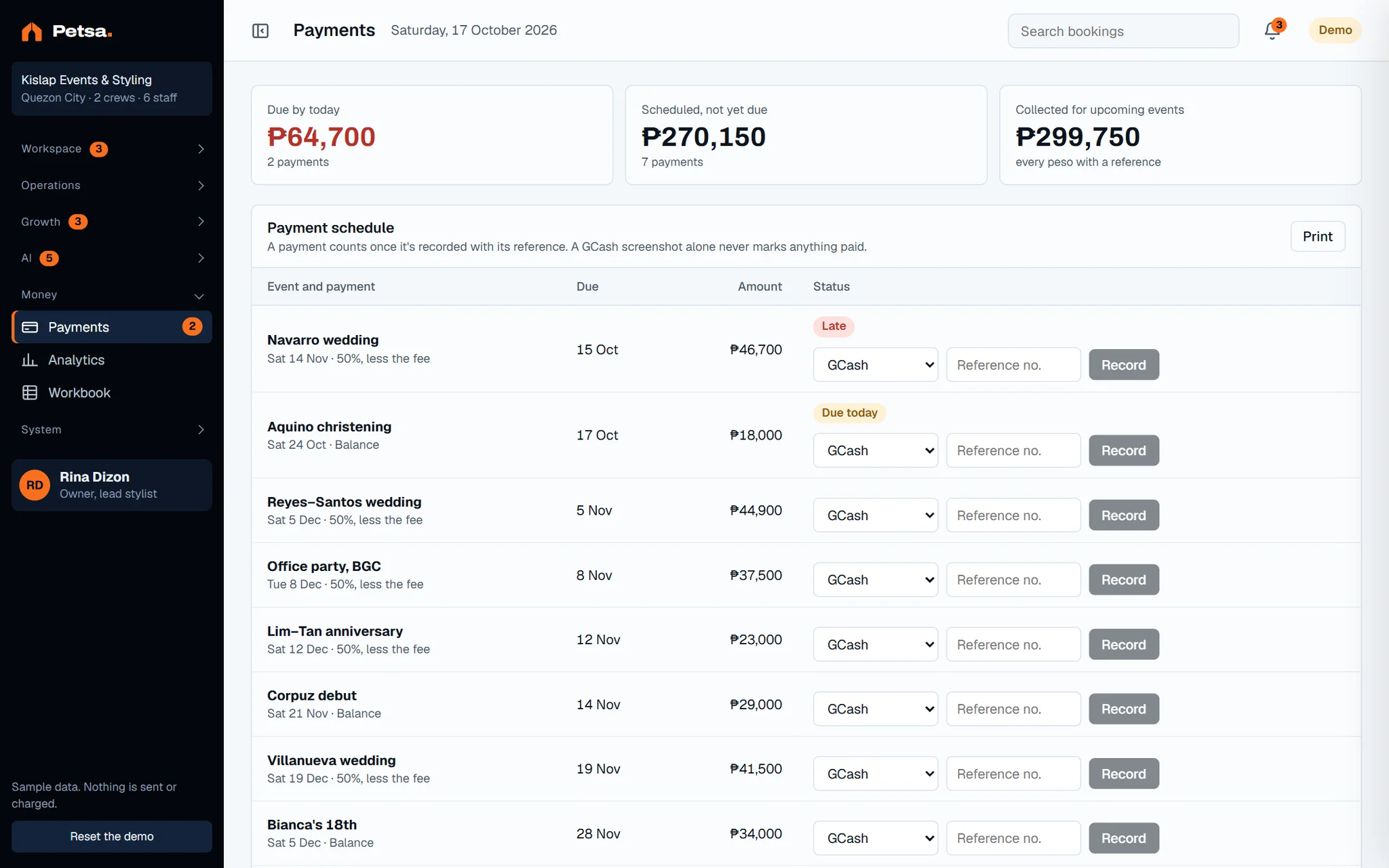 Payments screen of the dashboard