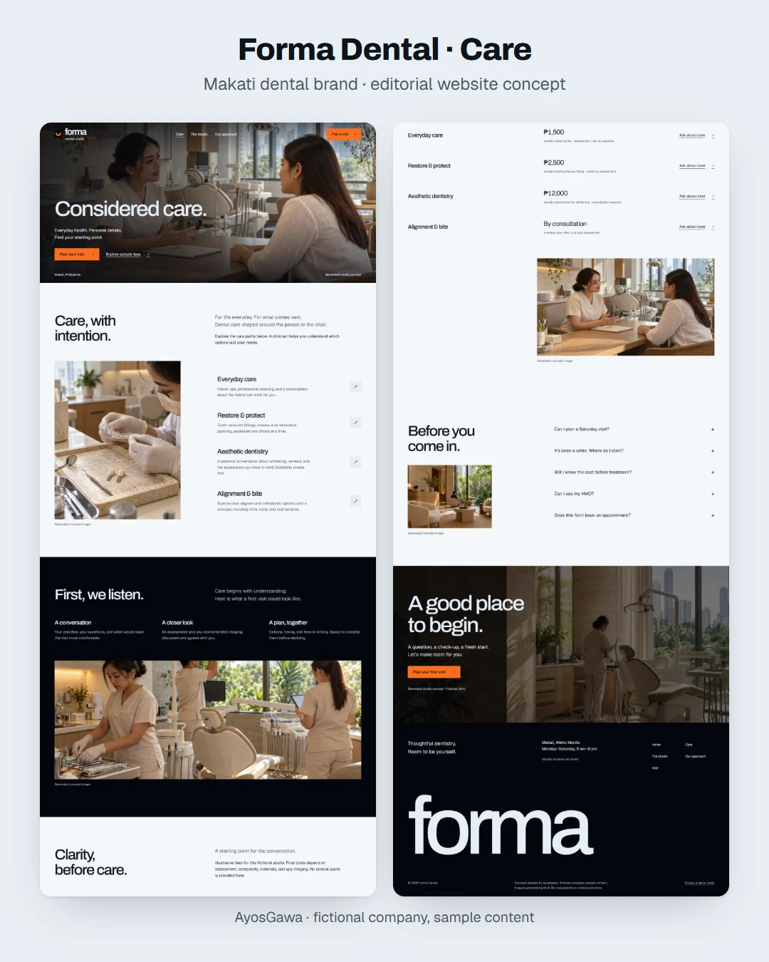 Forma Dental care page with illustrative service categories and fees