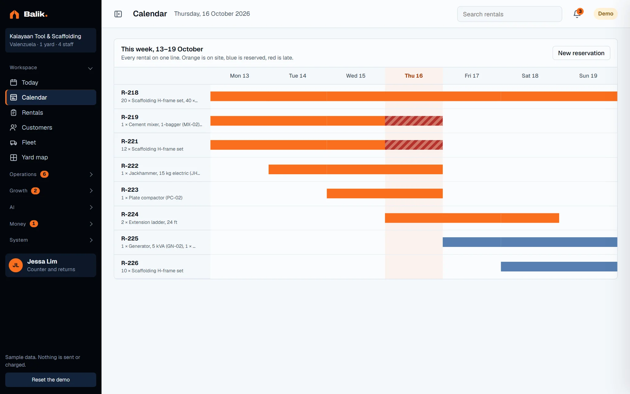 Calendar screen of the dashboard