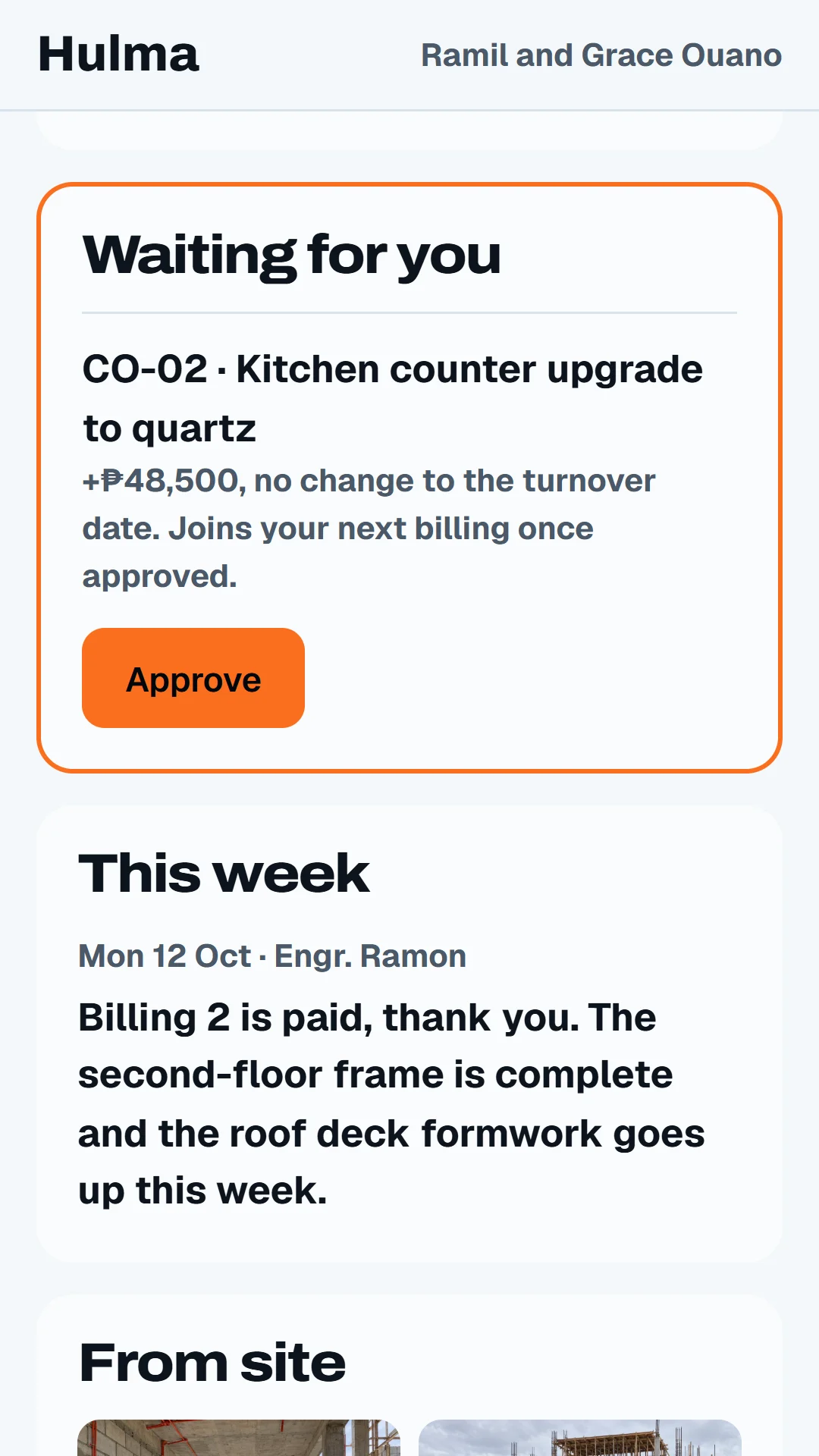 Story slide: the homeowner portal, showing stage and percent done.