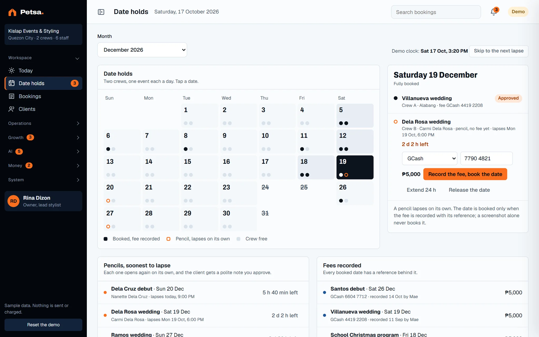 Date holds calendar screen of the dashboard