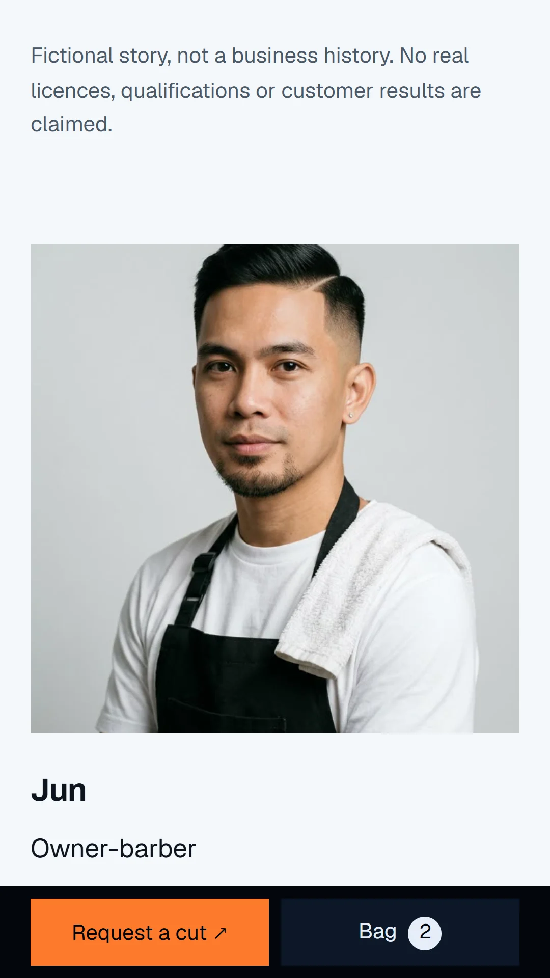 Phone: about page with Jun, the owner-barber
