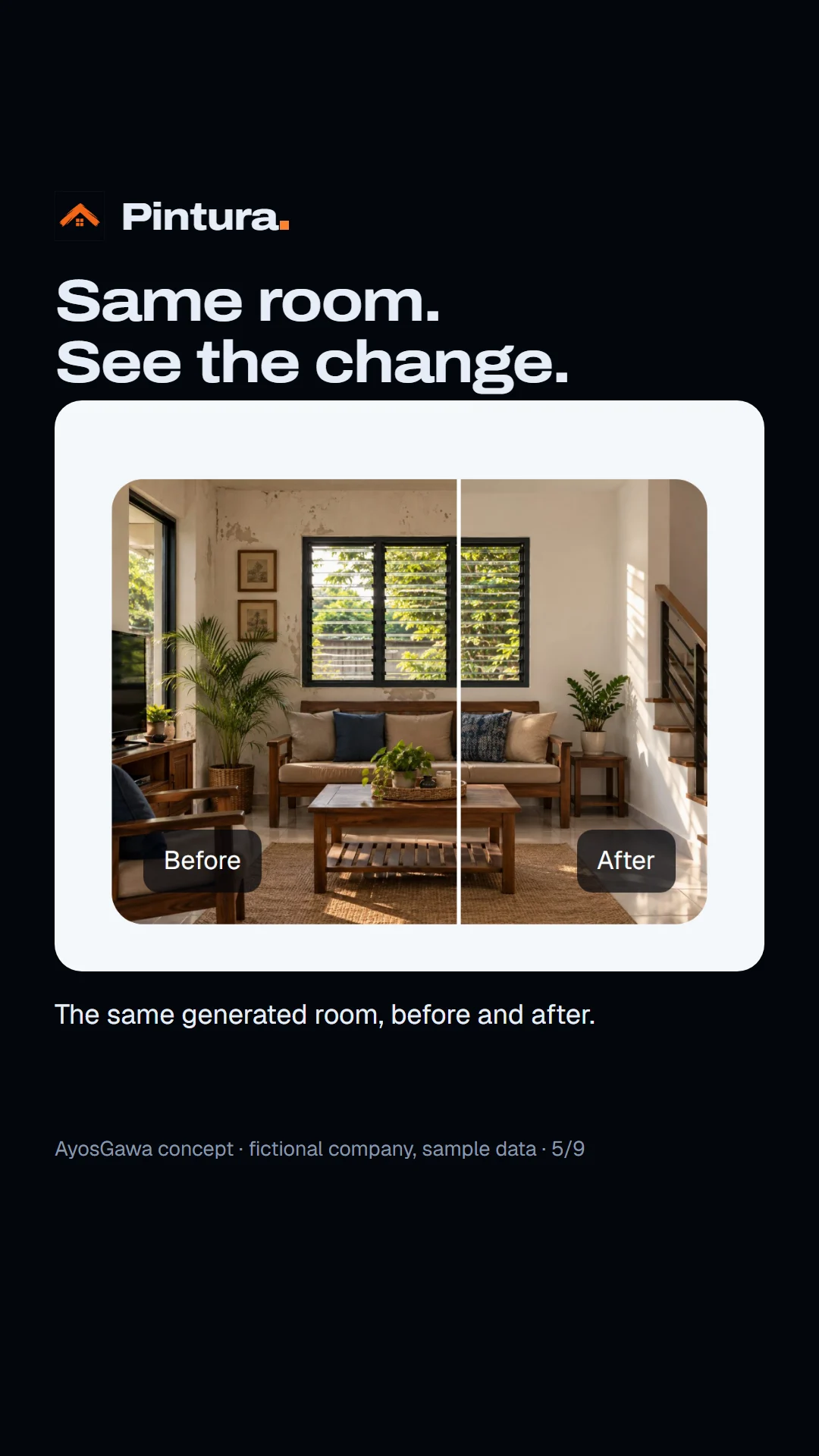 Story slide: the same generated room before and after, on a wipe slider.