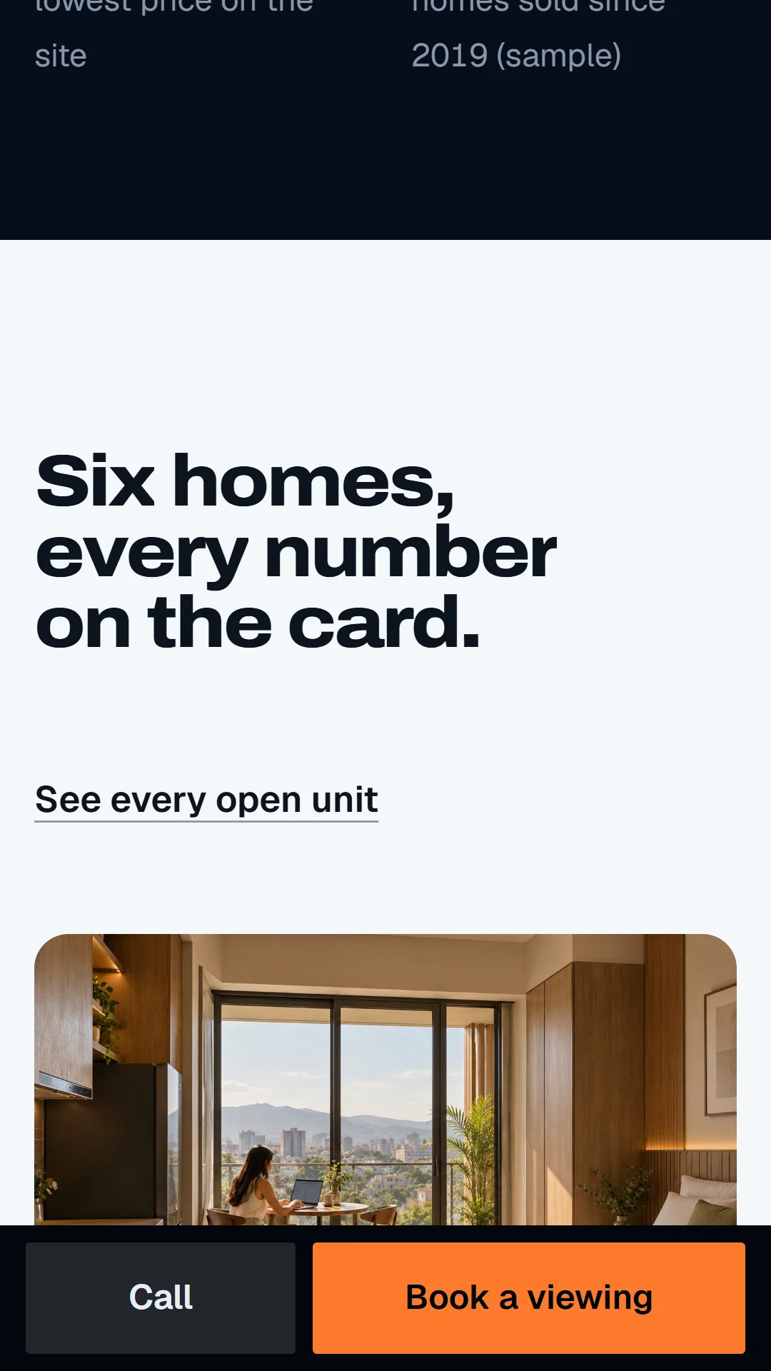 Story slide: six home types as cards, each with its price, areas, beds and how many are left.