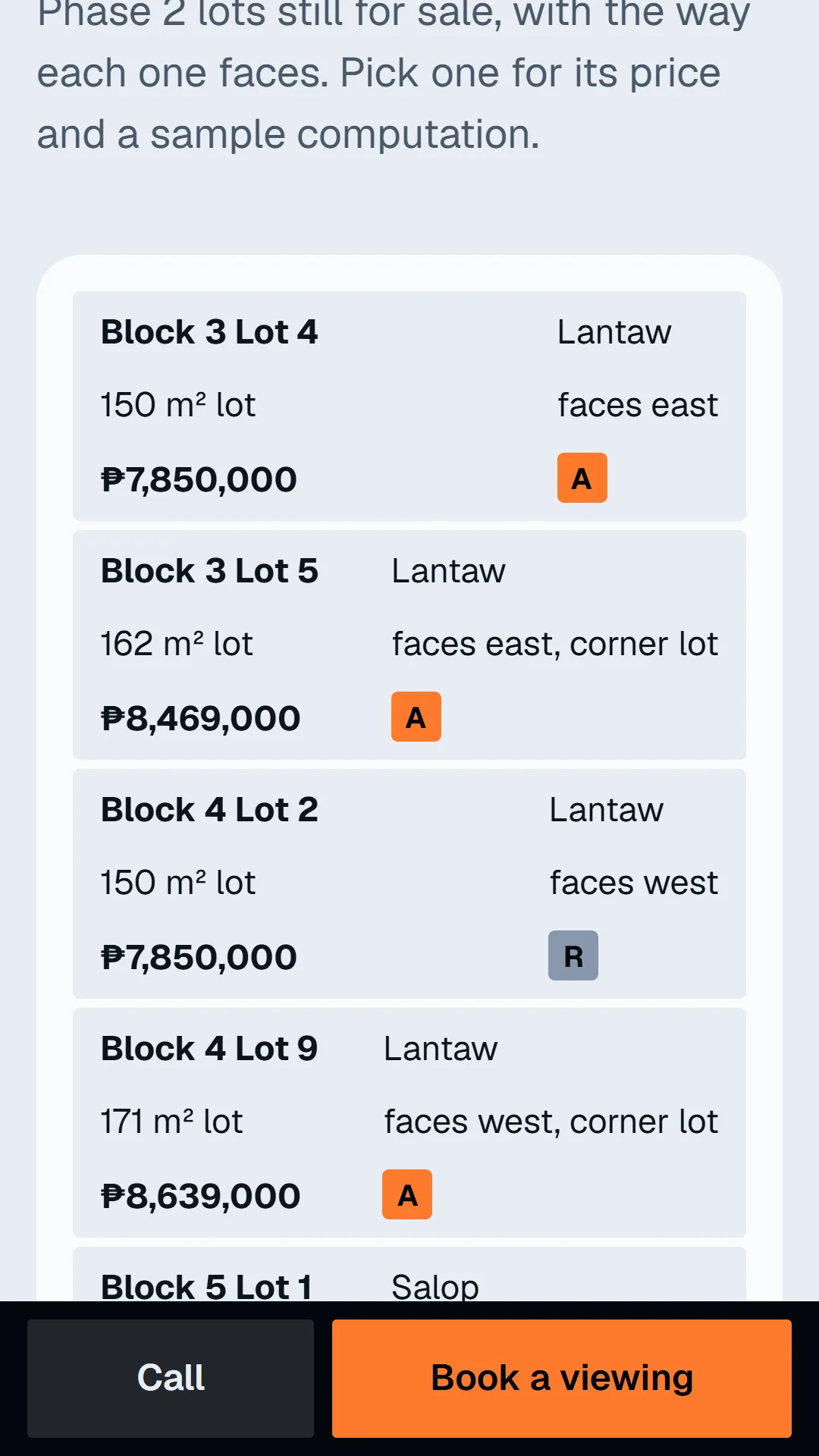 Story slide: open house lots in Liloan with lot area, facing and price.