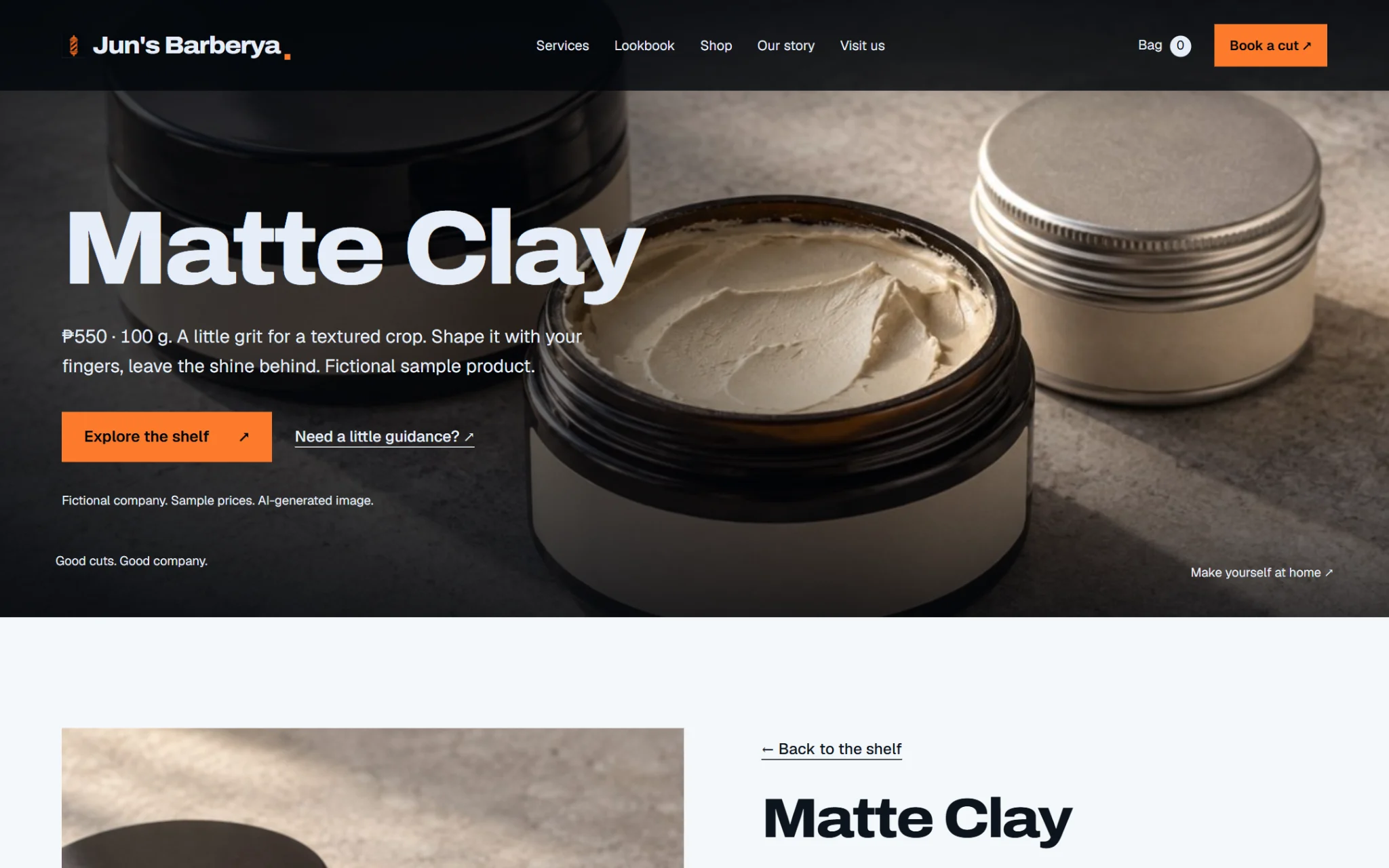 Matte Clay product page on desktop: 100 g, ₱550 sample price, hold and finish, add to bag