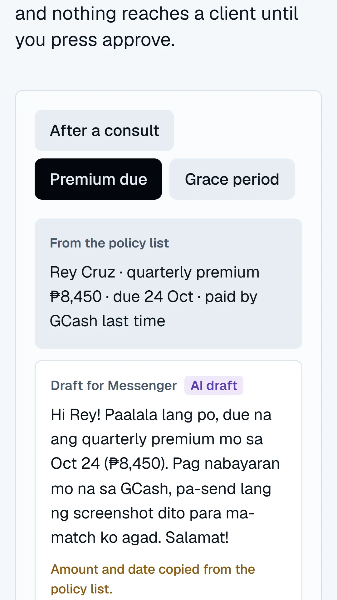 Story slide: notes in, Taglish reminder out, with an Approve button.