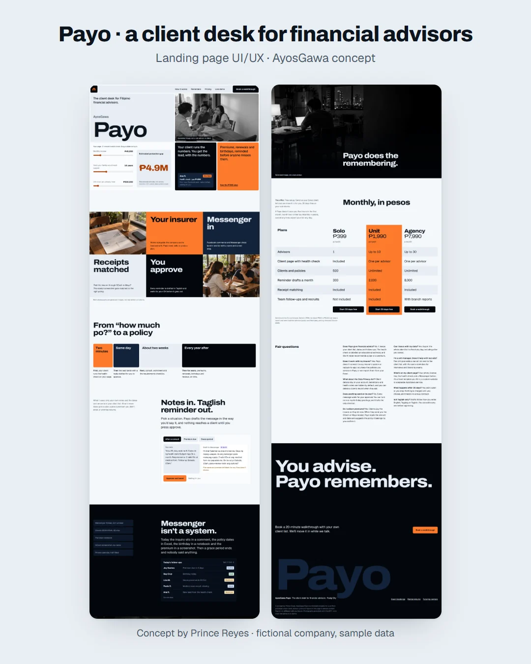 Payo home page as a Facebook post: the board hero with the health check and a lead card.