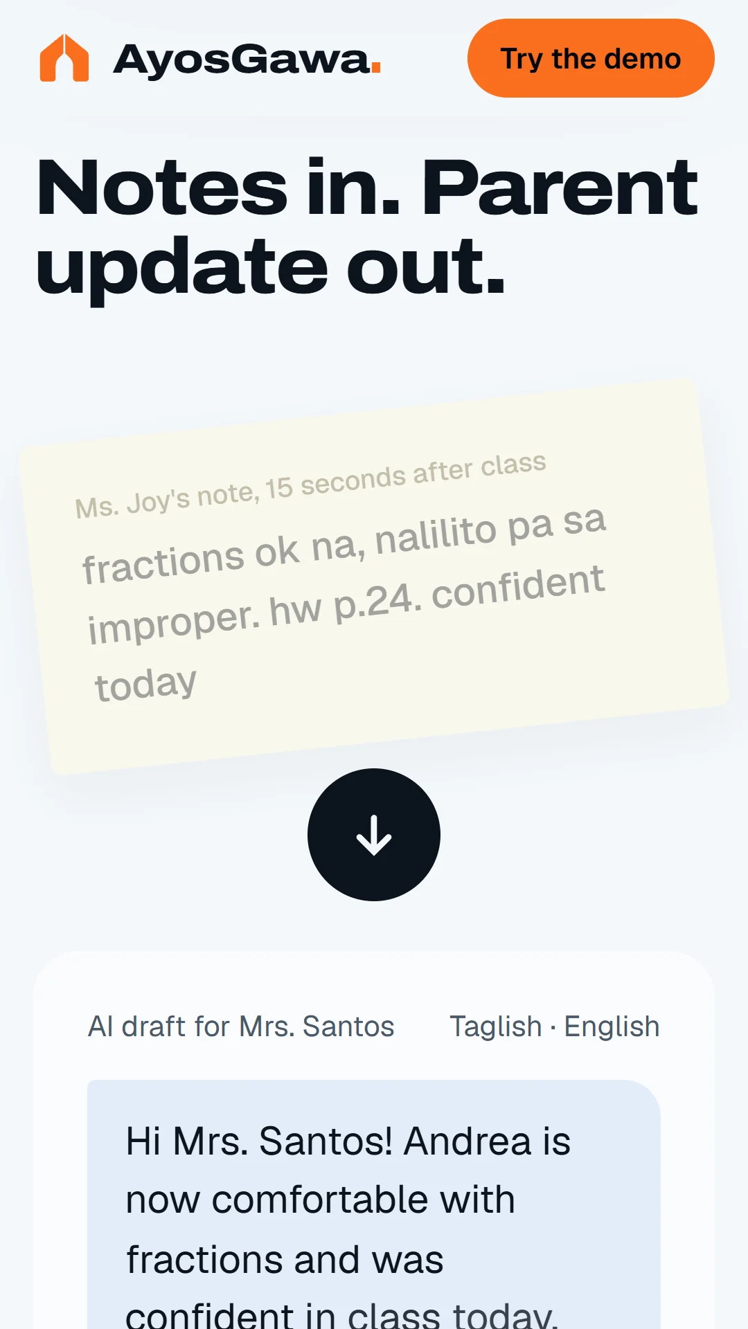 An AI parent update drafted from a tutor's note.