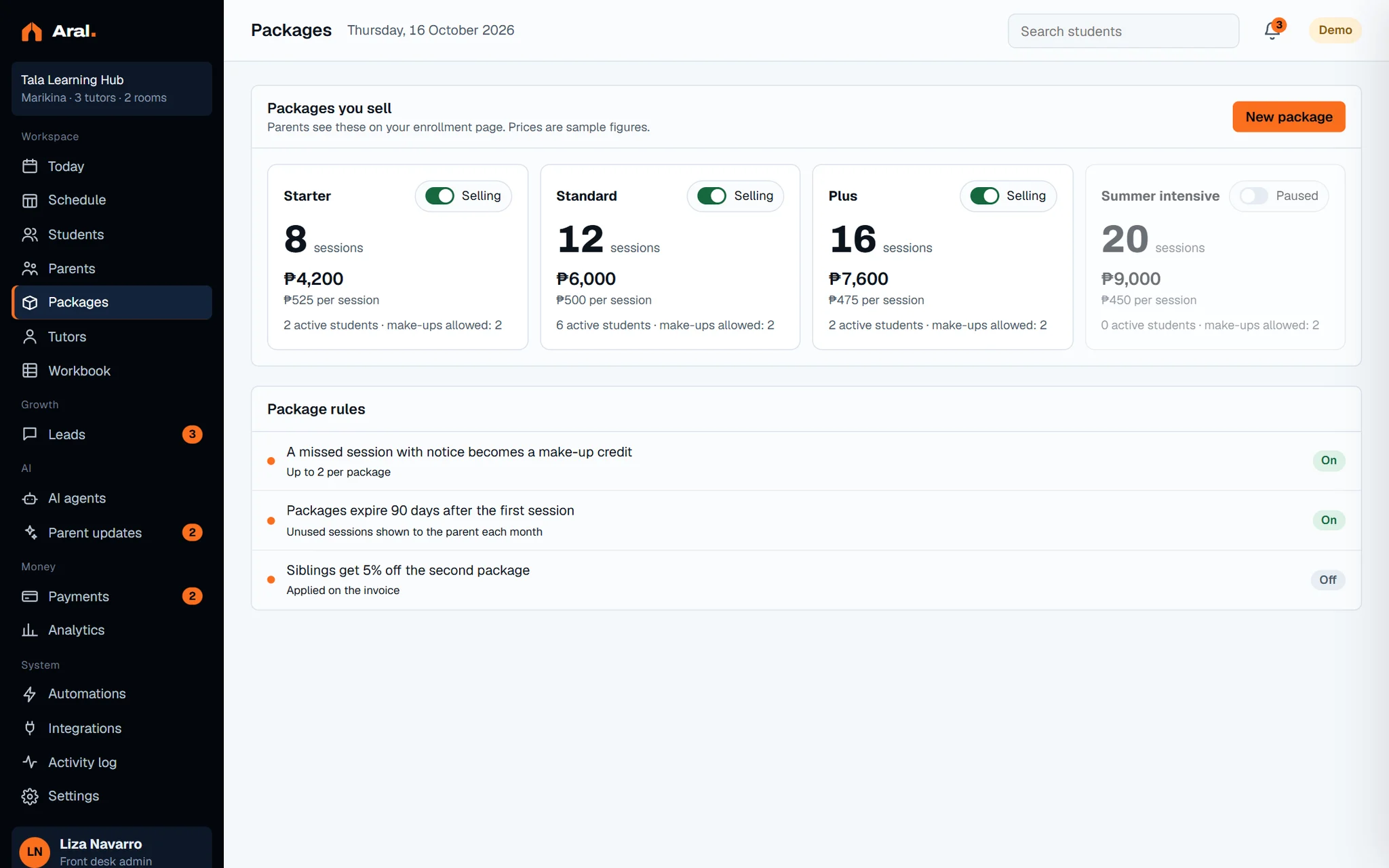 Aral demo dashboard: session packages and balances.