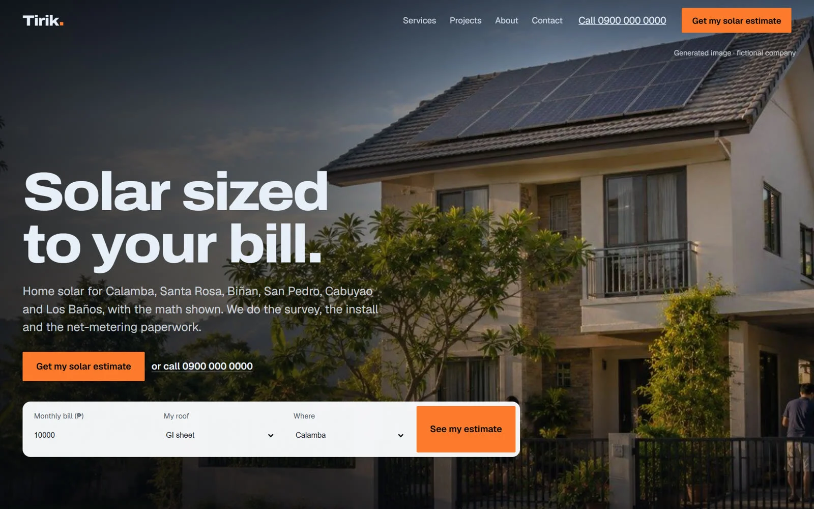 Tirik Solar home page on desktop: "Solar sized to your bill." over a generated photo of a Laguna house with rooftop panels, with the bill, roof and city dock below.