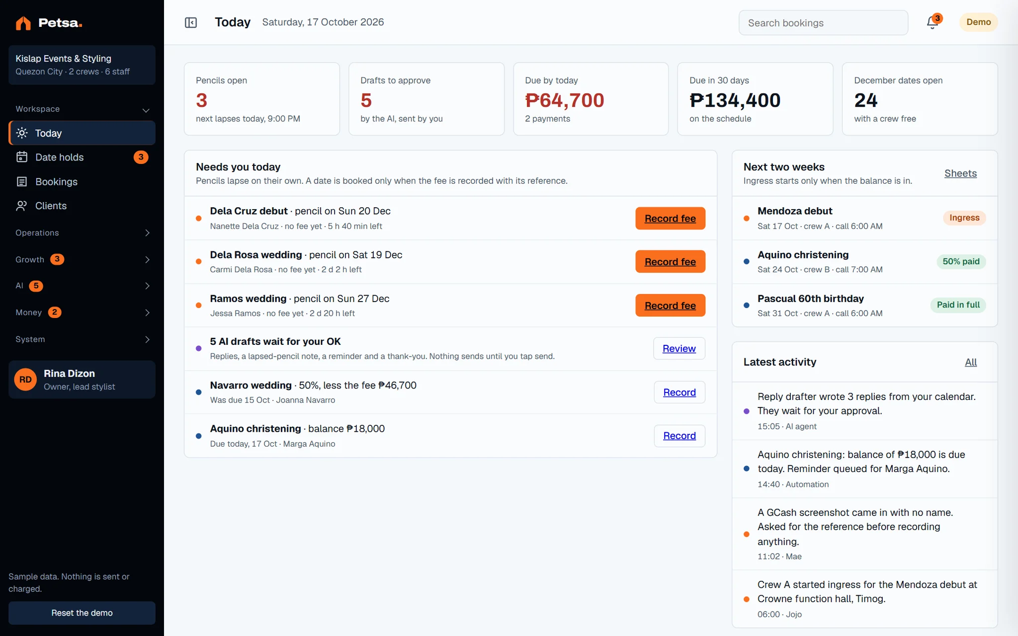 Today screen of the dashboard