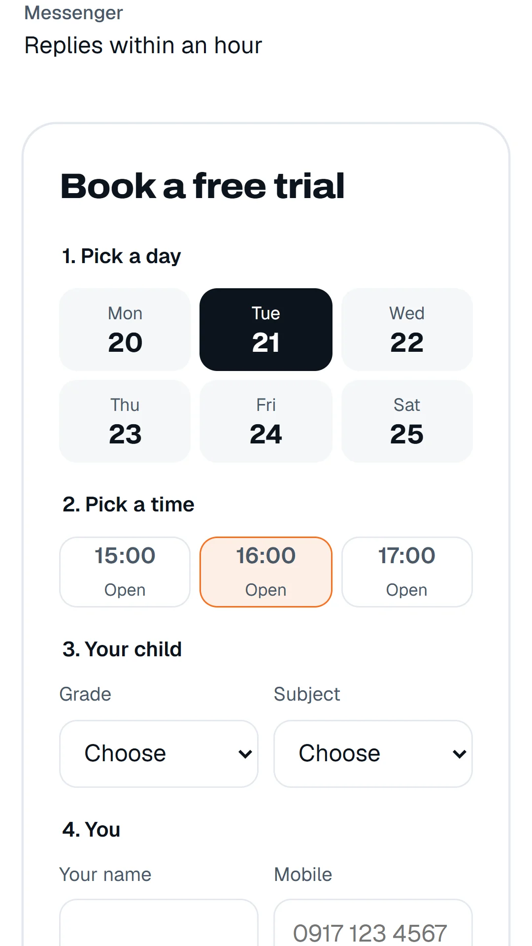 Parent booking a trial slot