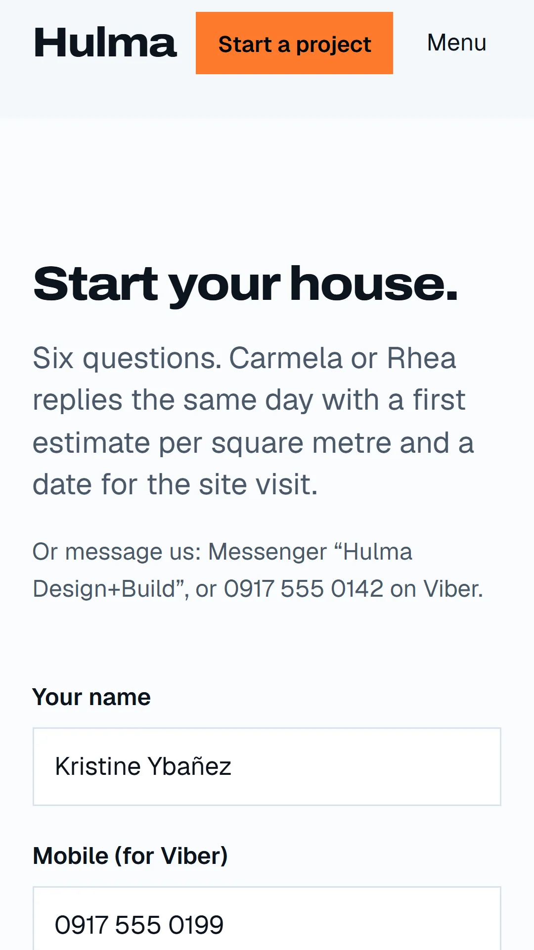 Story slide: the Start your project form.