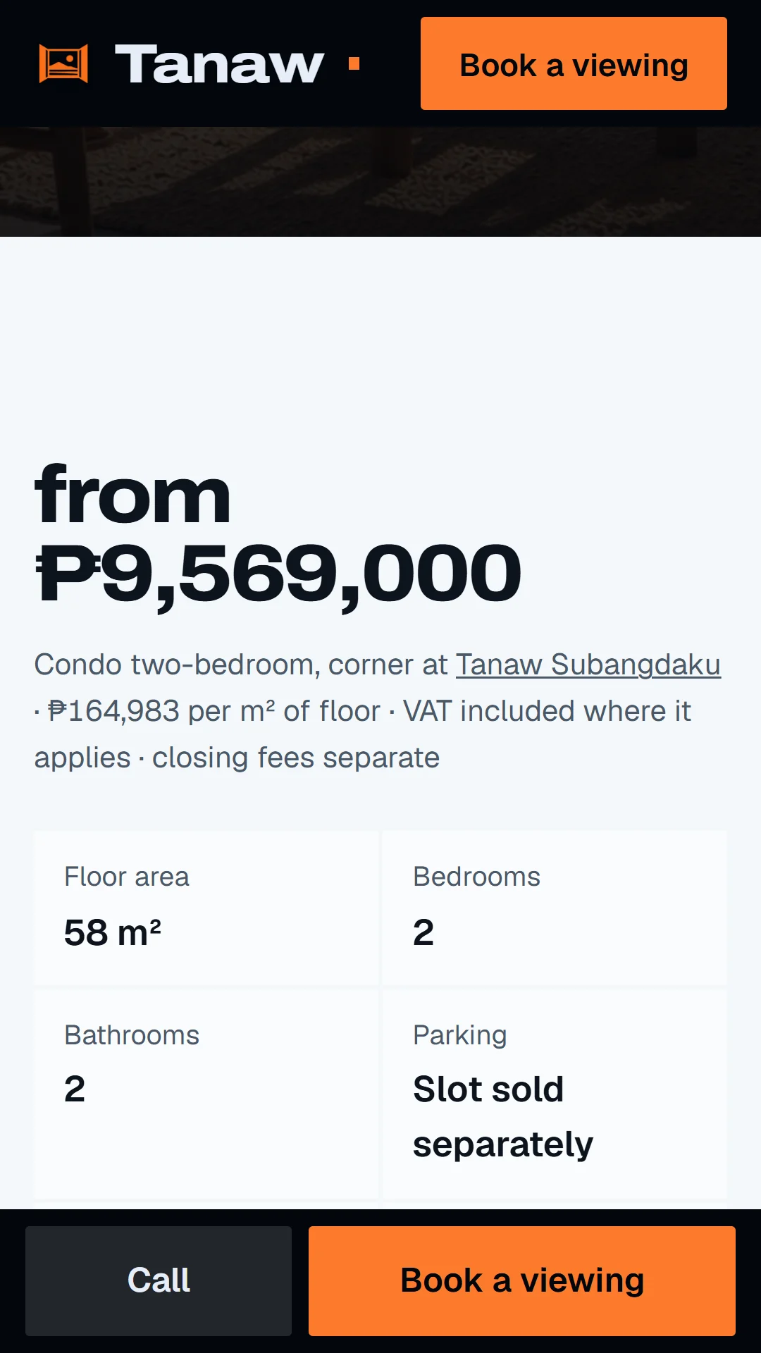 Story slide: the two-bedroom corner unit page with its price and facts strip.
