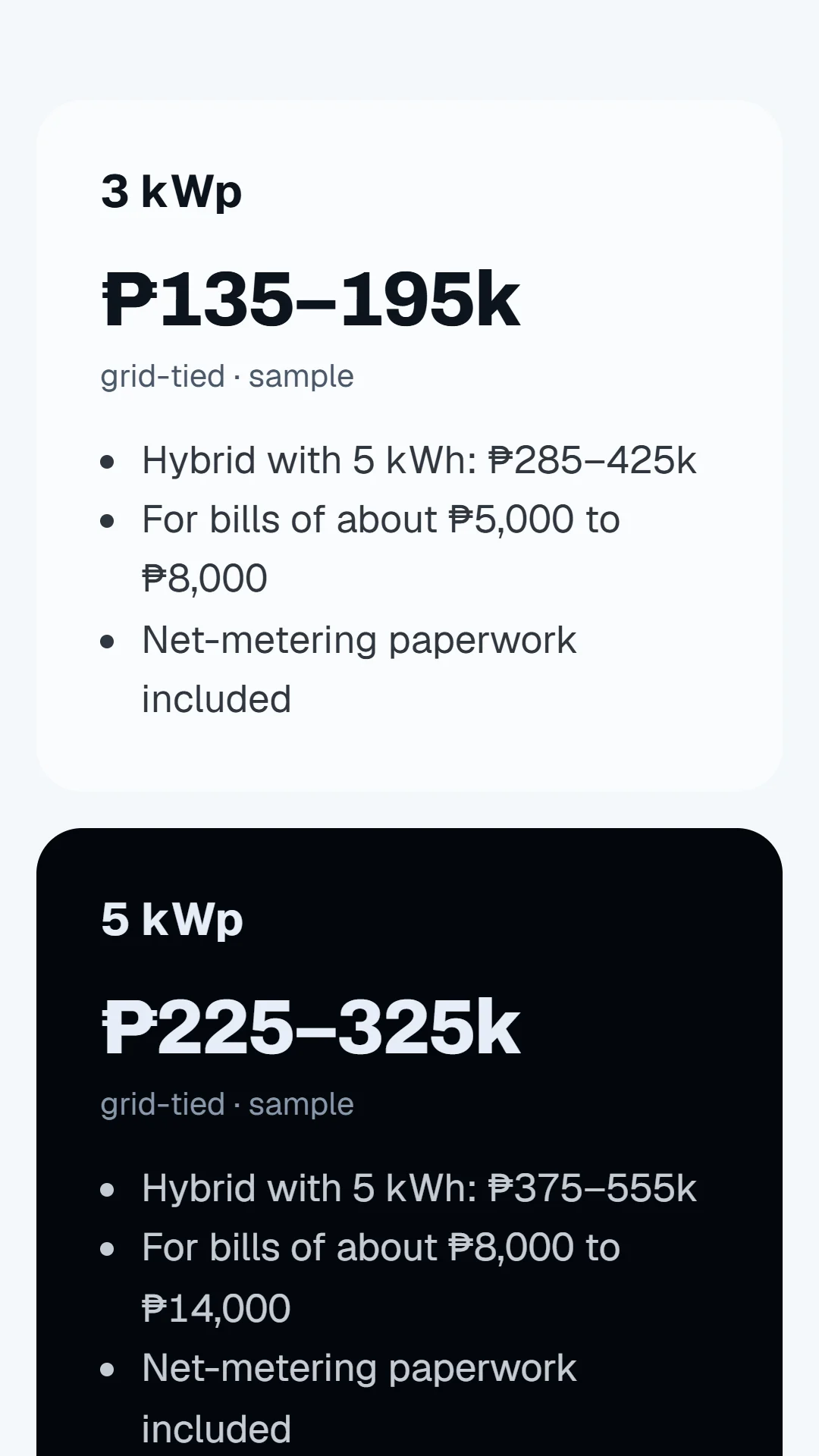 Story slide: system sizes from 3 kWp, with sample price ranges, hybrid options and net-metering paperwork included.