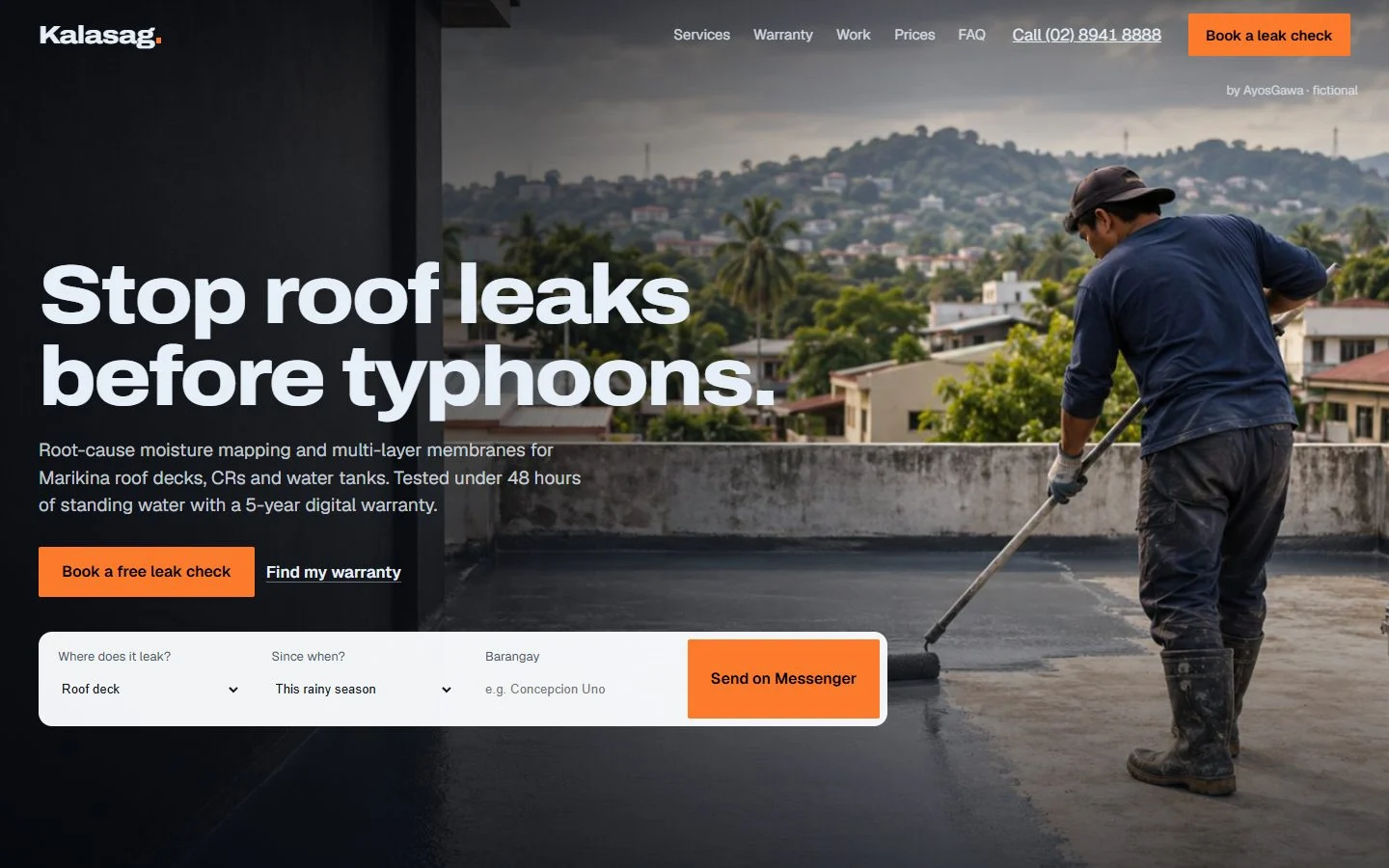 Kalasag home page on desktop: "Stop roof leaks before typhoons." over a generated photo of a crew member rolling waterproofing on a Marikina roof deck, with the leak-check dock below.